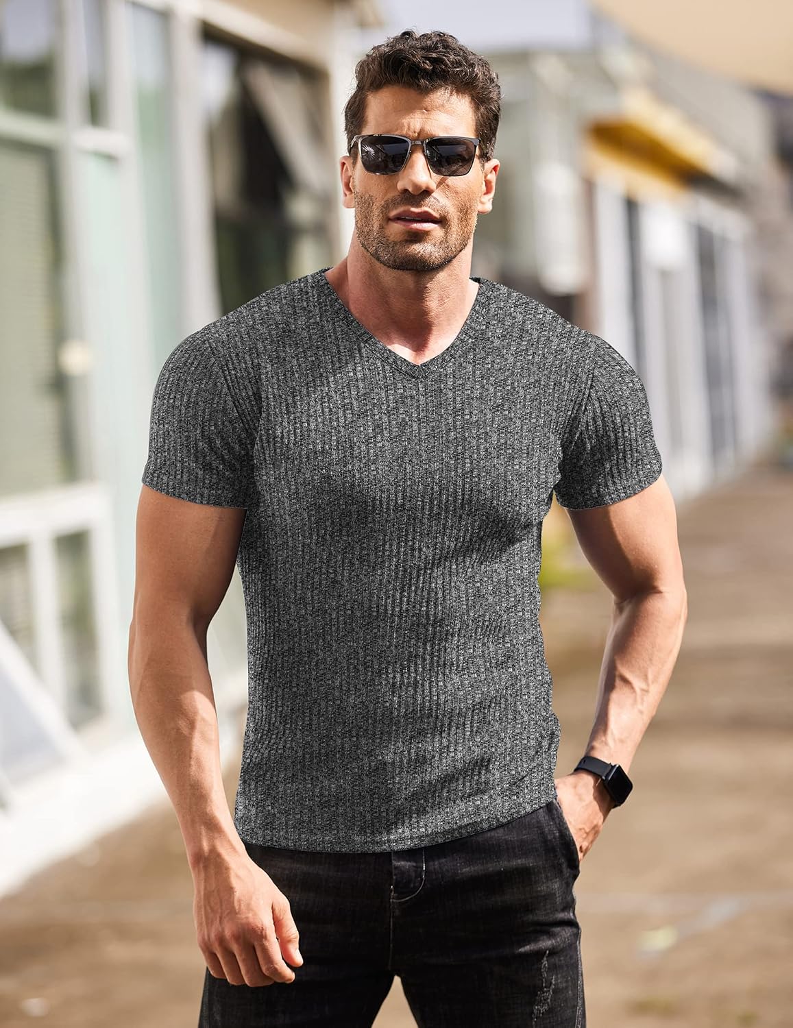 COOFANDY Muscle T Shirts Stretch Short Sleeve V Neck image 2